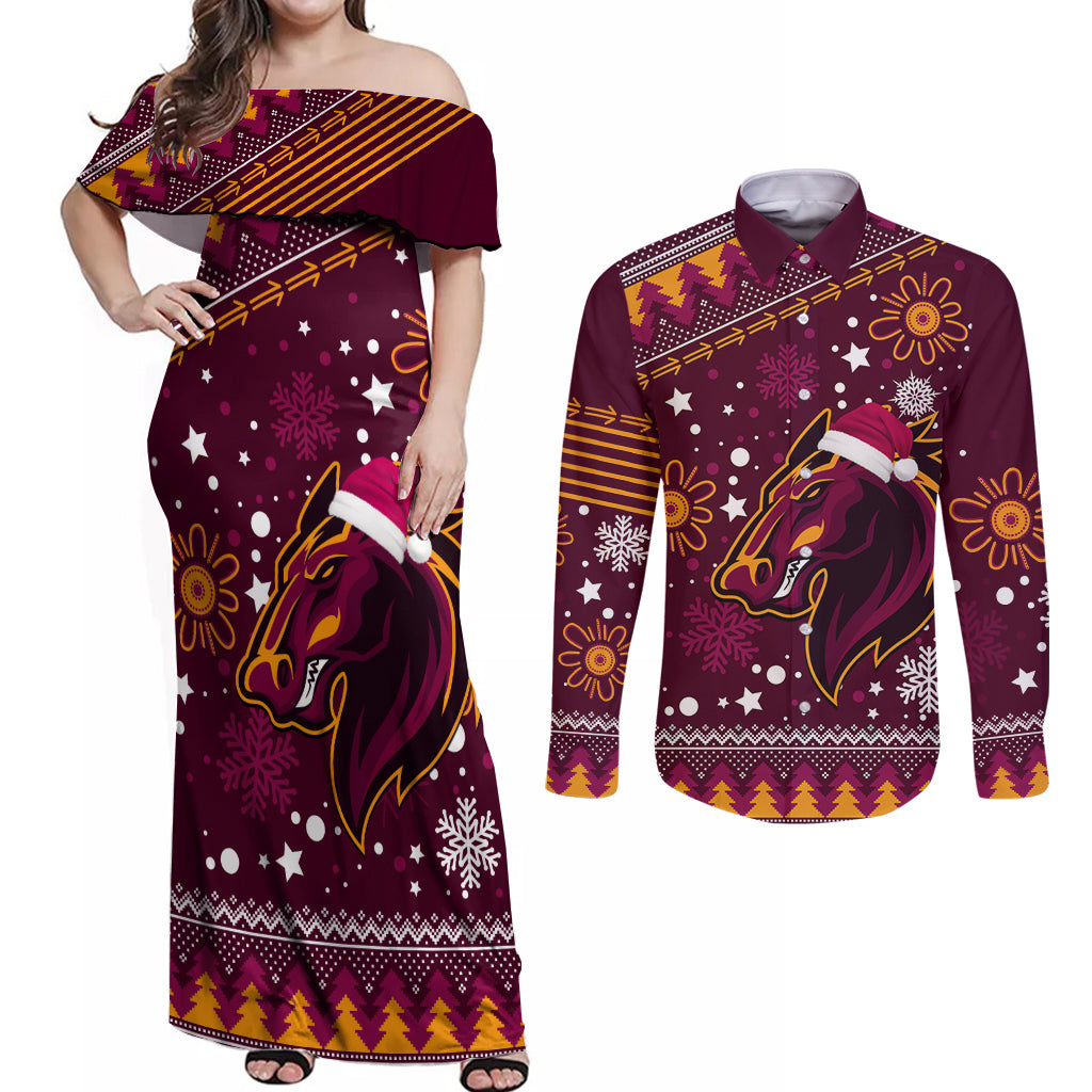 broncos-rugby-couples-matching-off-shoulder-maxi-dress-and-long-sleeve-button-shirts-heart-of-all-queenland-2023-christmas-vibe-unique