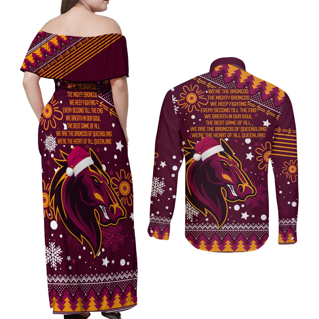broncos-rugby-couples-matching-off-shoulder-maxi-dress-and-long-sleeve-button-shirts-heart-of-all-queenland-2023-christmas-vibe-unique