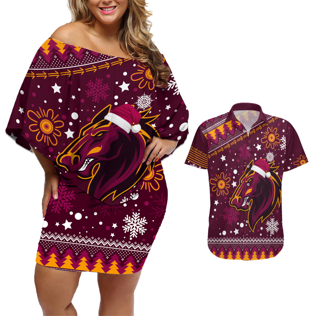 broncos-rugby-couples-matching-off-shoulder-short-dress-and-hawaiian-shirt-heart-of-all-queenland-2023-christmas-vibe-unique