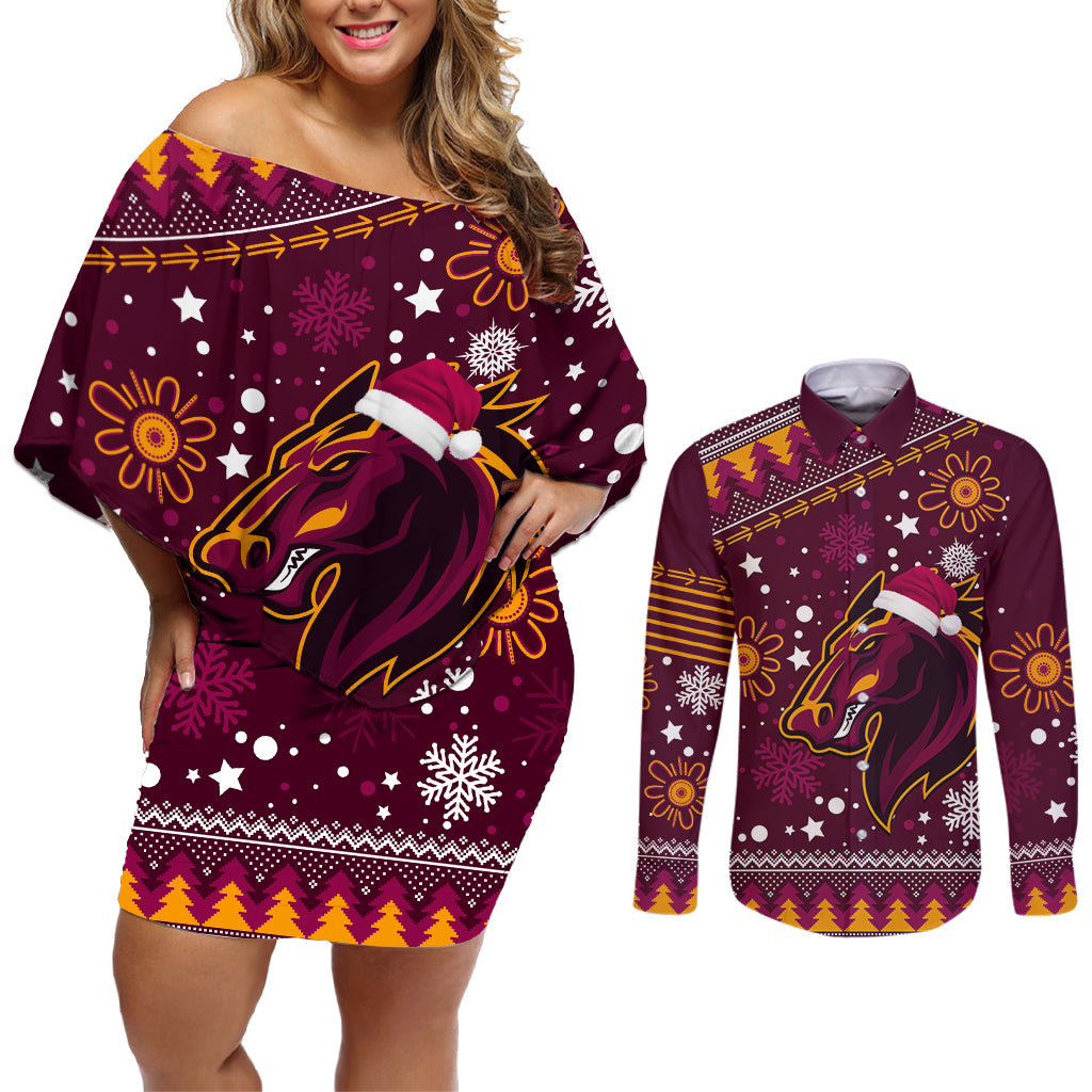 broncos-rugby-couples-matching-off-shoulder-short-dress-and-long-sleeve-button-shirts-heart-of-all-queenland-2023-christmas-vibe-unique