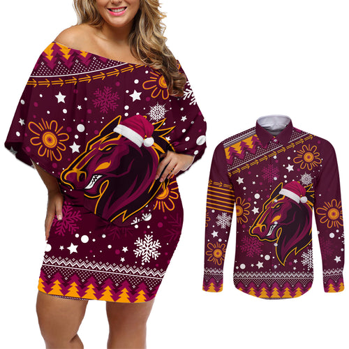 broncos-rugby-couples-matching-off-shoulder-short-dress-and-long-sleeve-button-shirts-heart-of-all-queenland-2023-christmas-vibe-unique