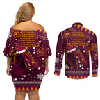 broncos-rugby-couples-matching-off-shoulder-short-dress-and-long-sleeve-button-shirts-heart-of-all-queenland-2023-christmas-vibe-unique