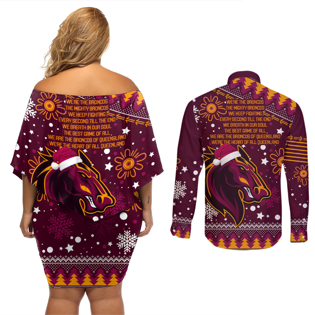 broncos-rugby-couples-matching-off-shoulder-short-dress-and-long-sleeve-button-shirts-heart-of-all-queenland-2023-christmas-vibe-unique