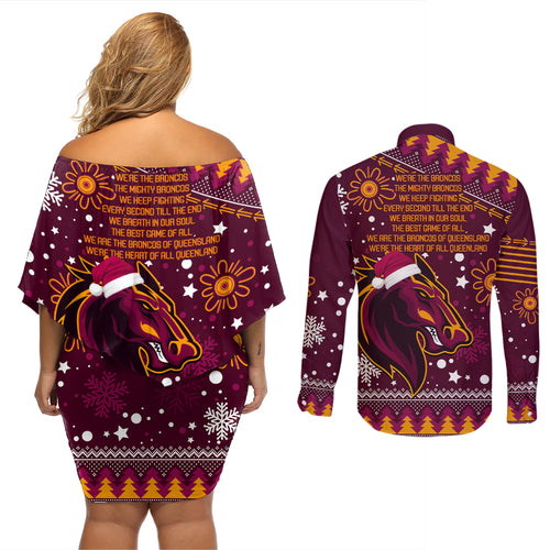 broncos-rugby-couples-matching-off-shoulder-short-dress-and-long-sleeve-button-shirts-heart-of-all-queenland-2023-christmas-vibe-unique