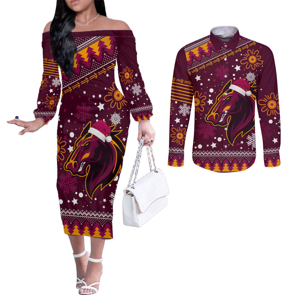 broncos-rugby-couples-matching-off-the-shoulder-long-sleeve-dress-and-long-sleeve-button-shirts-heart-of-all-queenland-2023-christmas-vibe-unique