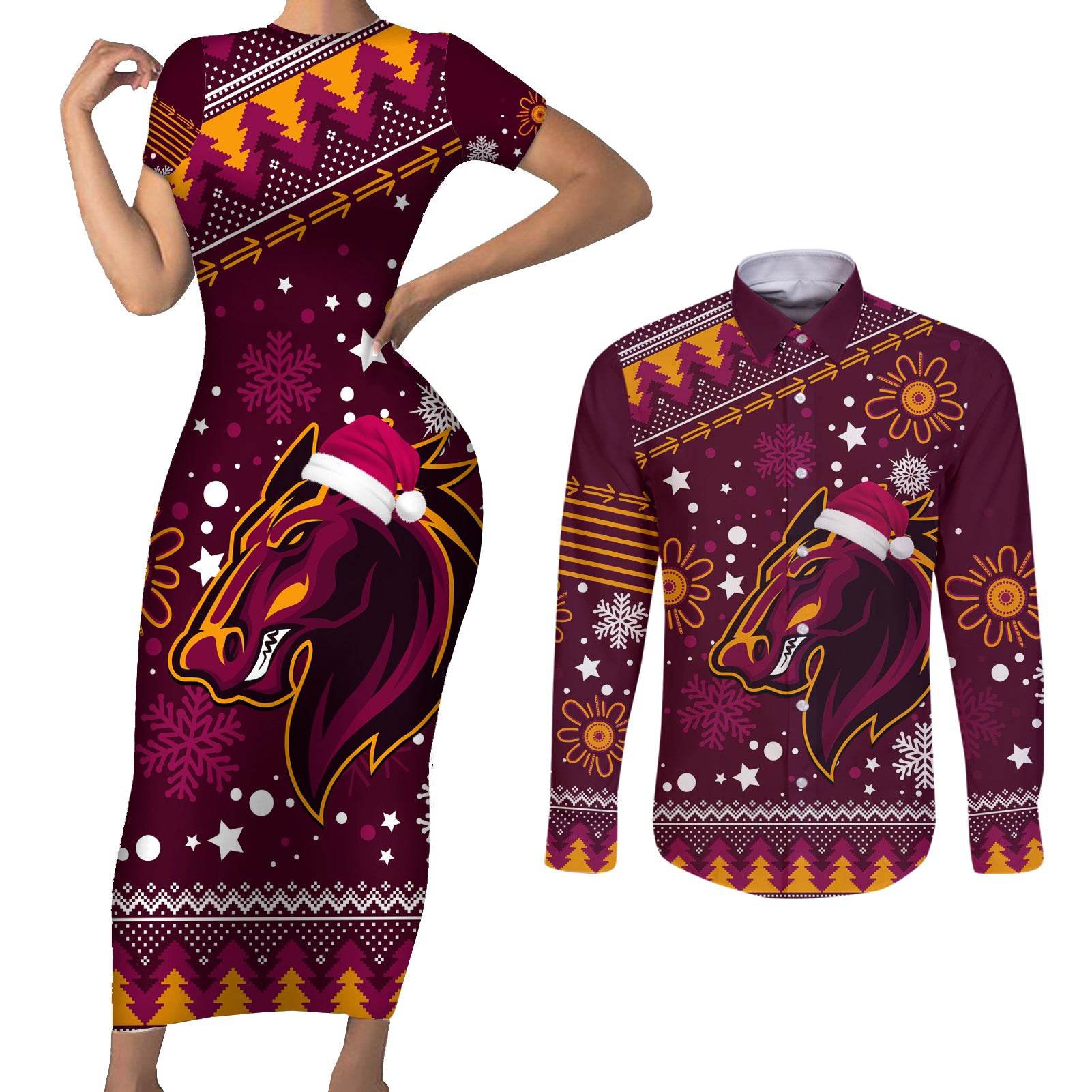 broncos-rugby-couples-matching-short-sleeve-bodycon-dress-and-long-sleeve-button-shirts-heart-of-all-queenland-2023-christmas-vibe-unique
