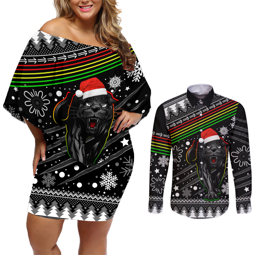 panthers-rugby-couples-matching-off-shoulder-short-dress-and-long-sleeve-button-shirts-go-the-mighty-panthers-2023-christmas-vibe-unique