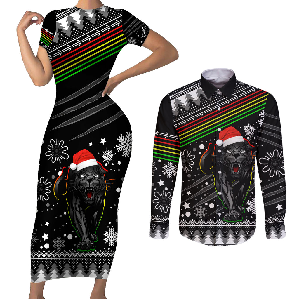 custom-panthers-rugby-couples-matching-short-sleeve-bodycon-dress-and-long-sleeve-button-shirts-go-the-mighty-panthers-2023-christmas-vibe-unique