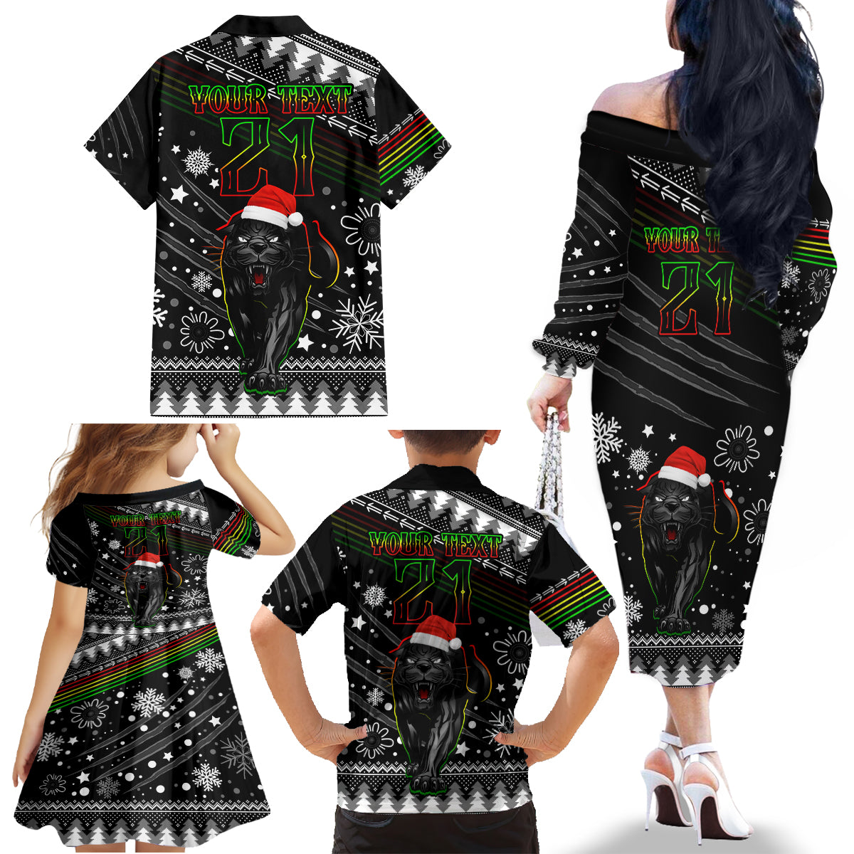 custom-panthers-rugby-family-matching-off-shoulder-long-sleeve-dress-and-hawaiian-shirt-go-the-mighty-panthers-2023-christmas-vibe-unique