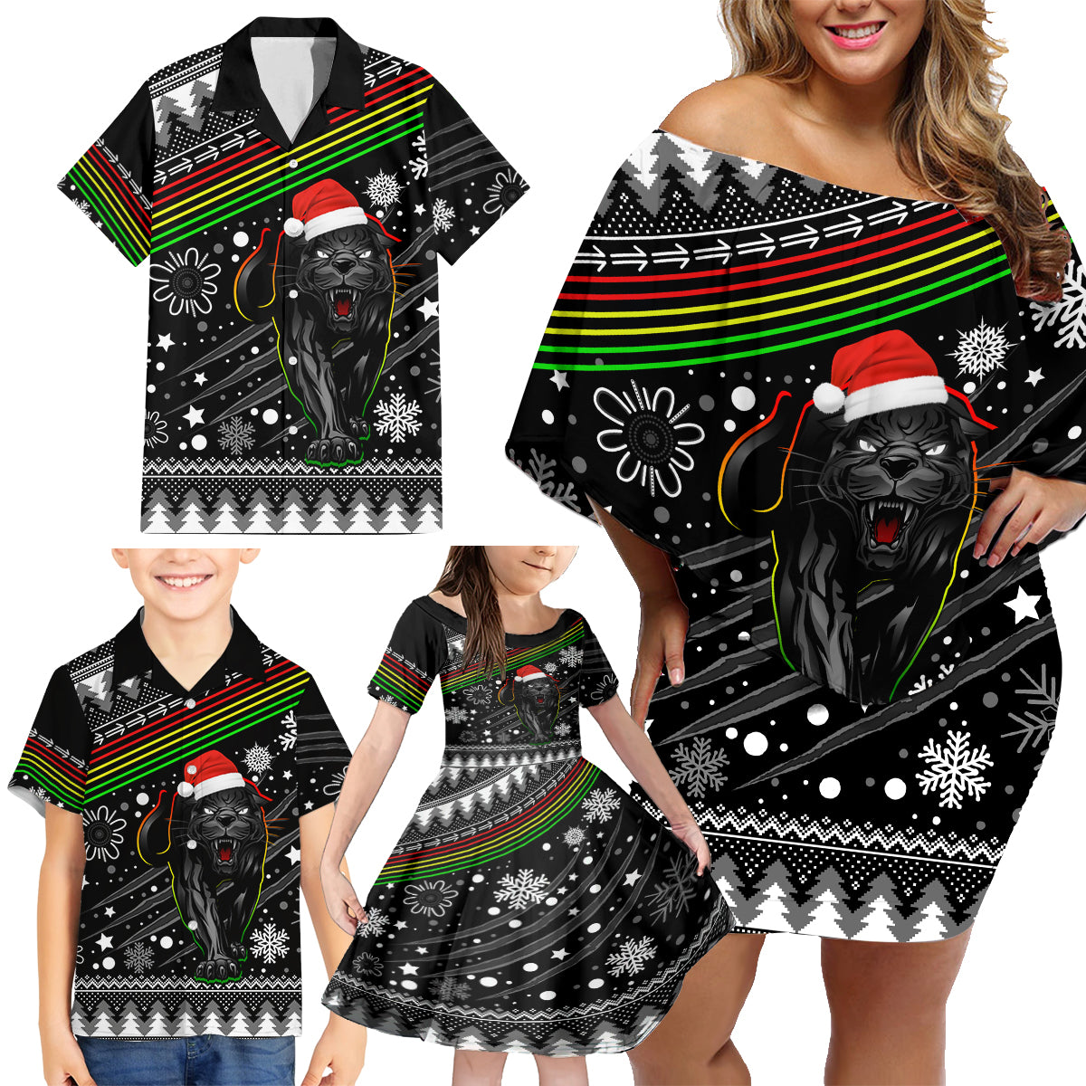 custom-panthers-rugby-family-matching-off-shoulder-short-dress-and-hawaiian-shirt-go-the-mighty-panthers-2023-christmas-vibe-unique