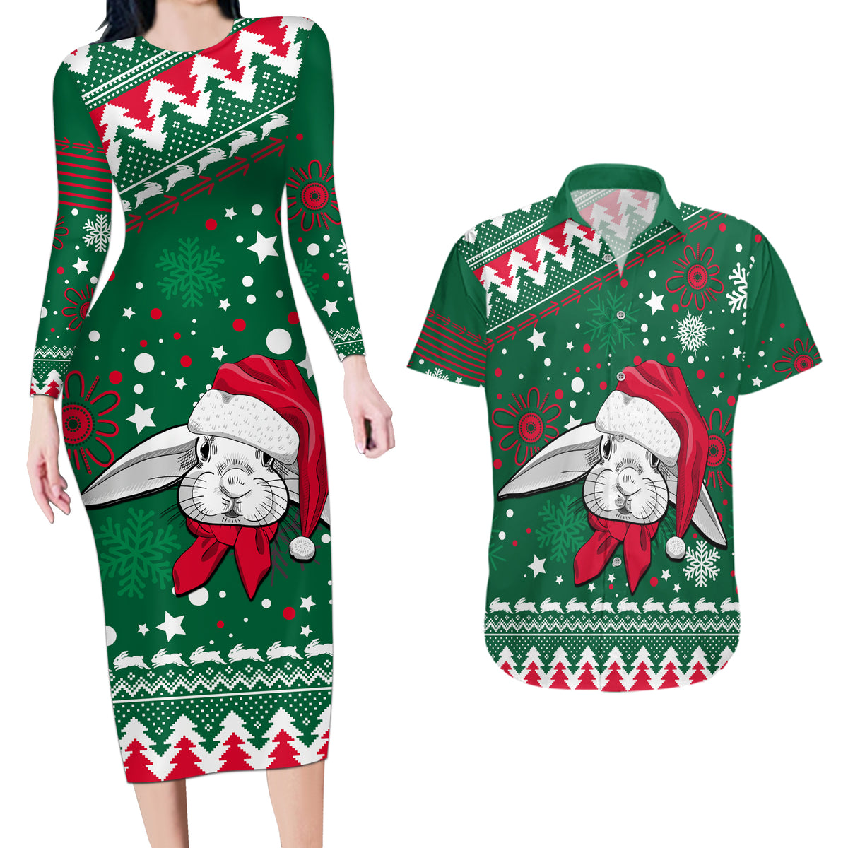rabbitohs-rugby-couples-matching-long-sleeve-bodycon-dress-and-hawaiian-shirt-glory-glory-the-south-2023-christmas-vibe-unique