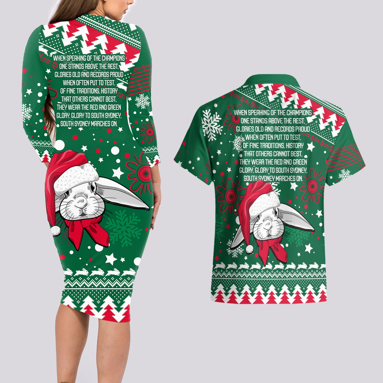 rabbitohs-rugby-couples-matching-long-sleeve-bodycon-dress-and-hawaiian-shirt-glory-glory-the-south-2023-christmas-vibe-unique