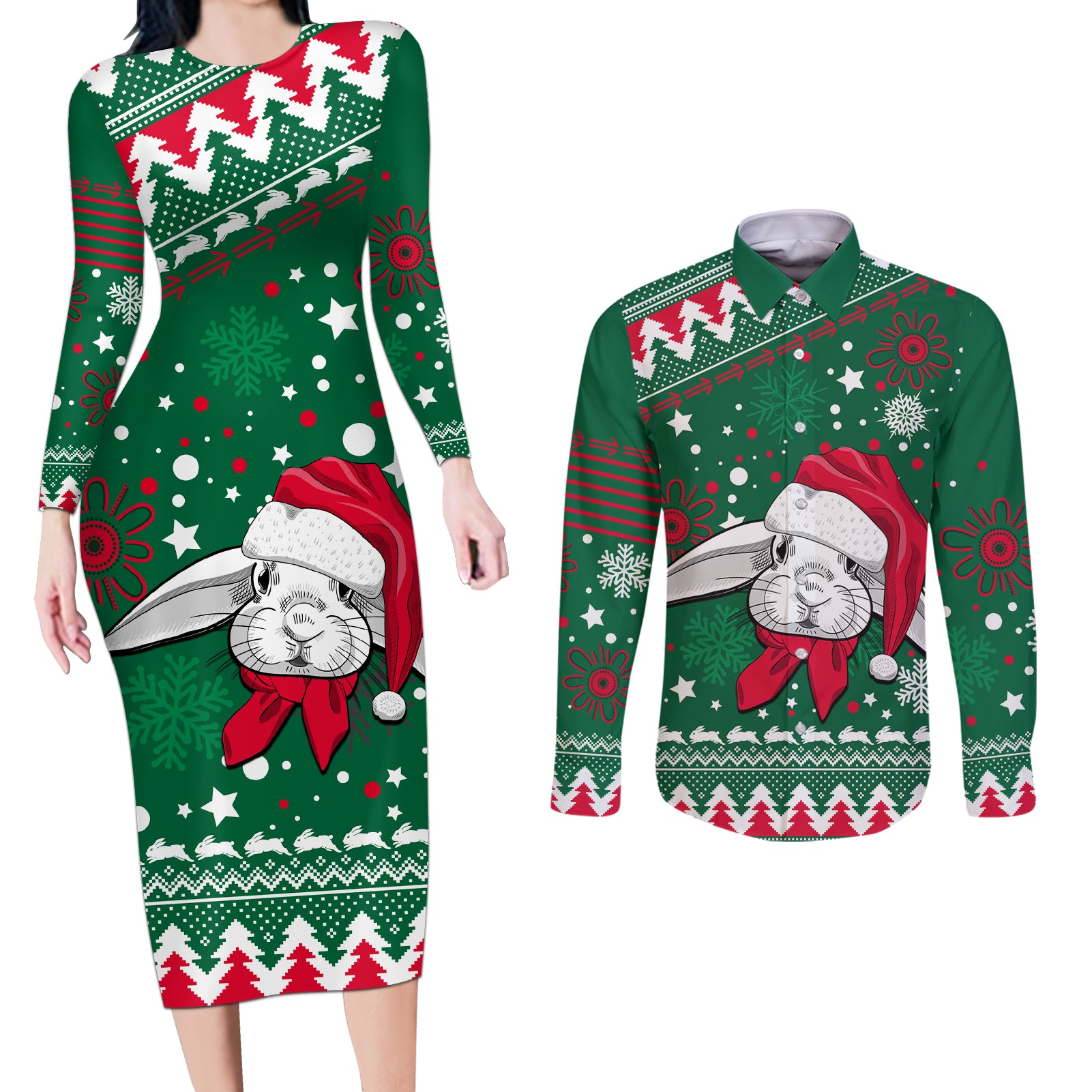 rabbitohs-rugby-couples-matching-long-sleeve-bodycon-dress-and-long-sleeve-button-shirts-glory-glory-the-south-2023-christmas-vibe-unique