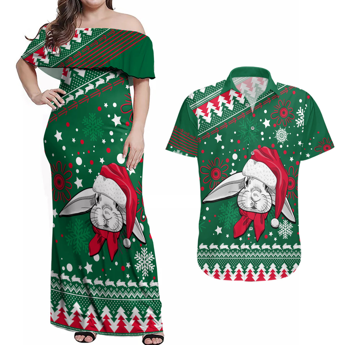 rabbitohs-rugby-couples-matching-off-shoulder-maxi-dress-and-hawaiian-shirt-glory-glory-the-south-2023-christmas-vibe-unique