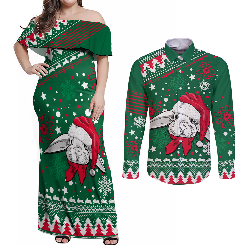 rabbitohs-rugby-couples-matching-off-shoulder-maxi-dress-and-long-sleeve-button-shirts-glory-glory-the-south-2023-christmas-vibe-unique