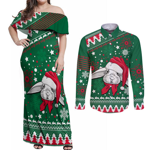 rabbitohs-rugby-couples-matching-off-shoulder-maxi-dress-and-long-sleeve-button-shirts-glory-glory-the-south-2023-christmas-vibe-unique
