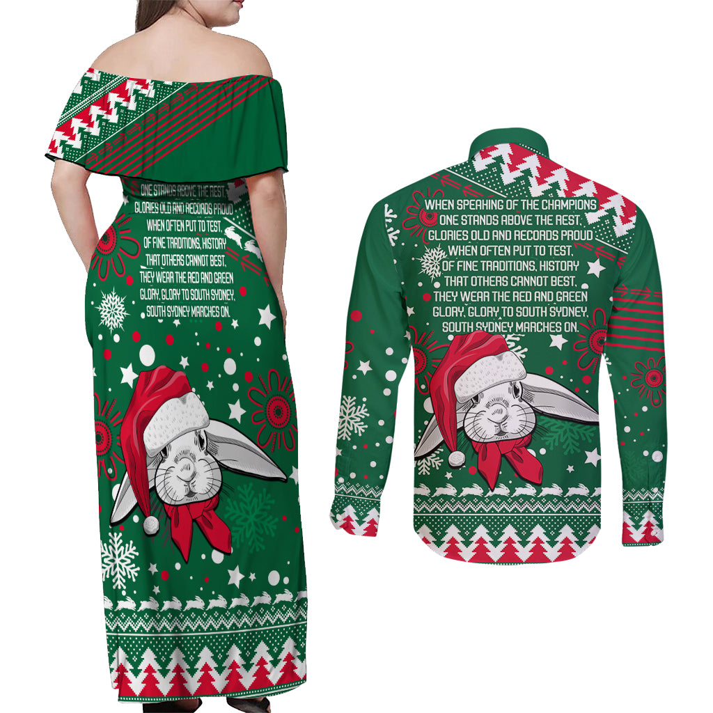 rabbitohs-rugby-couples-matching-off-shoulder-maxi-dress-and-long-sleeve-button-shirts-glory-glory-the-south-2023-christmas-vibe-unique