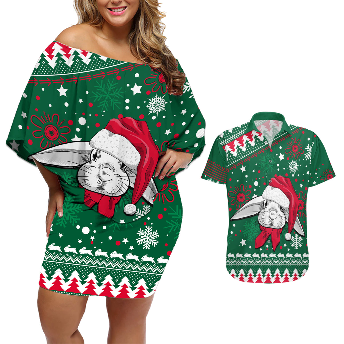 rabbitohs-rugby-couples-matching-off-shoulder-short-dress-and-hawaiian-shirt-glory-glory-the-south-2023-christmas-vibe-unique