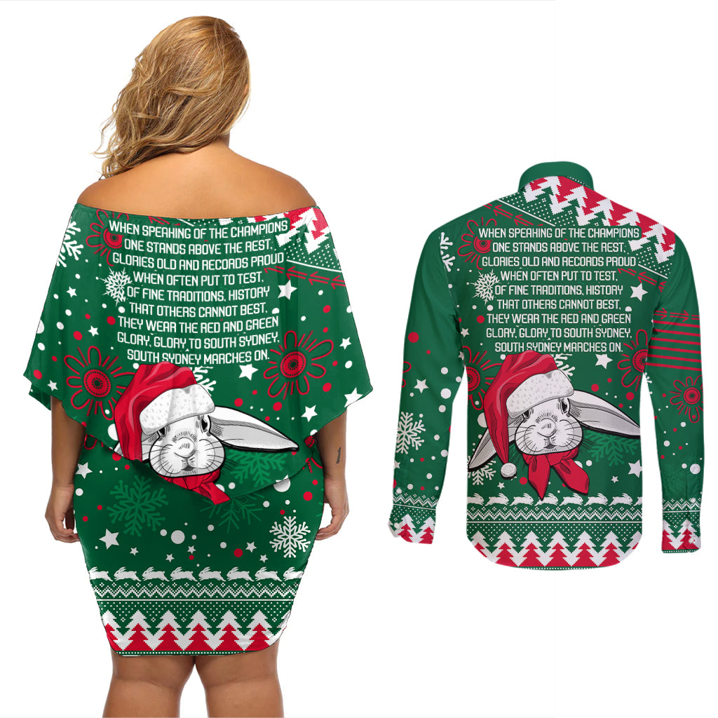 rabbitohs-rugby-couples-matching-off-shoulder-short-dress-and-long-sleeve-button-shirts-glory-glory-the-south-2023-christmas-vibe-unique