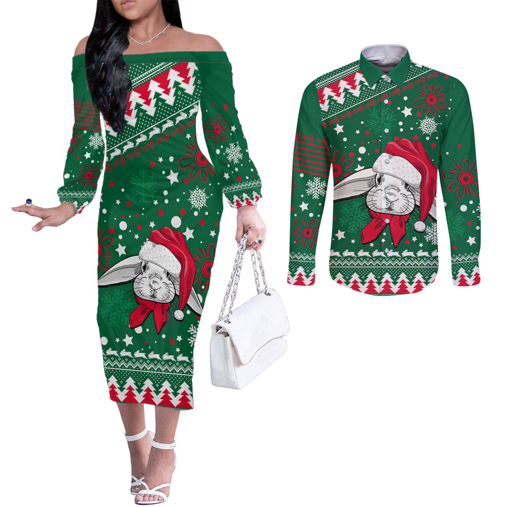 rabbitohs-rugby-couples-matching-off-the-shoulder-long-sleeve-dress-and-long-sleeve-button-shirts-glory-glory-the-south-2023-christmas-vibe-unique