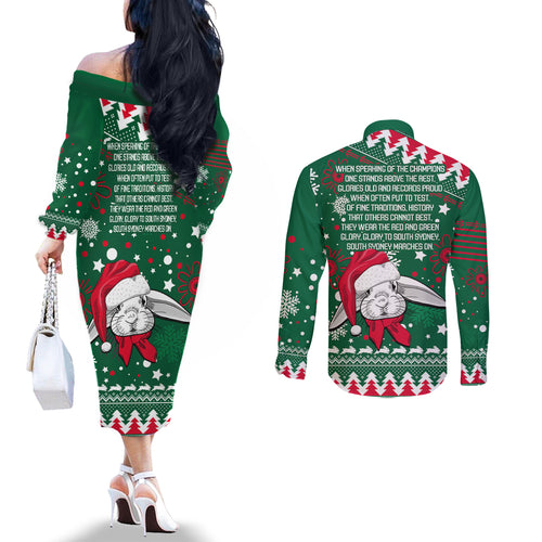 rabbitohs-rugby-couples-matching-off-the-shoulder-long-sleeve-dress-and-long-sleeve-button-shirts-glory-glory-the-south-2023-christmas-vibe-unique