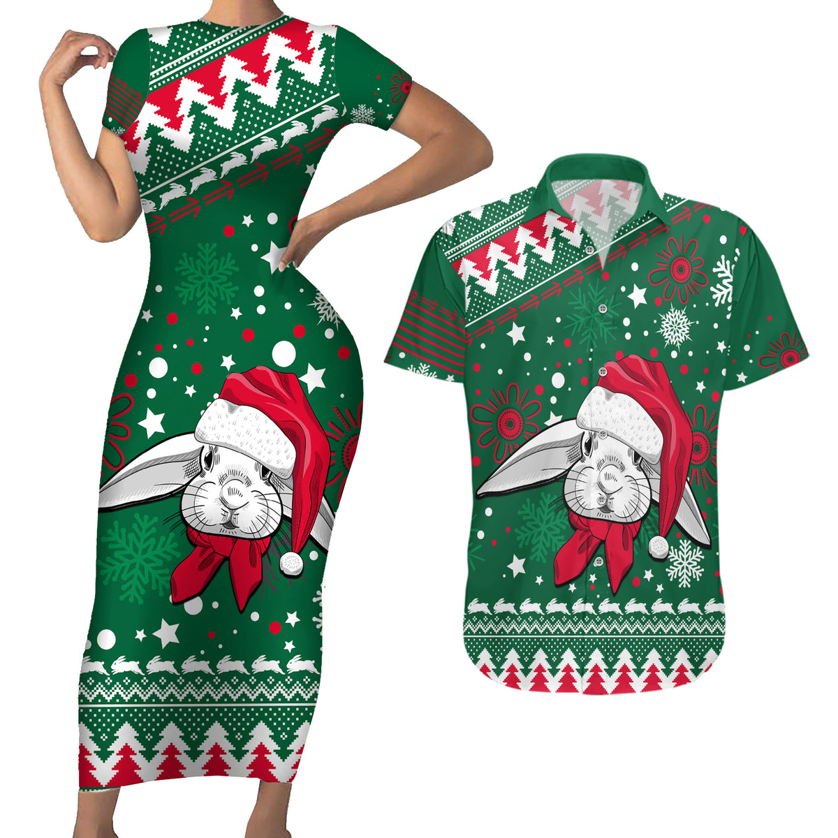 rabbitohs-rugby-couples-matching-short-sleeve-bodycon-dress-and-hawaiian-shirt-glory-glory-the-south-2023-christmas-vibe-unique