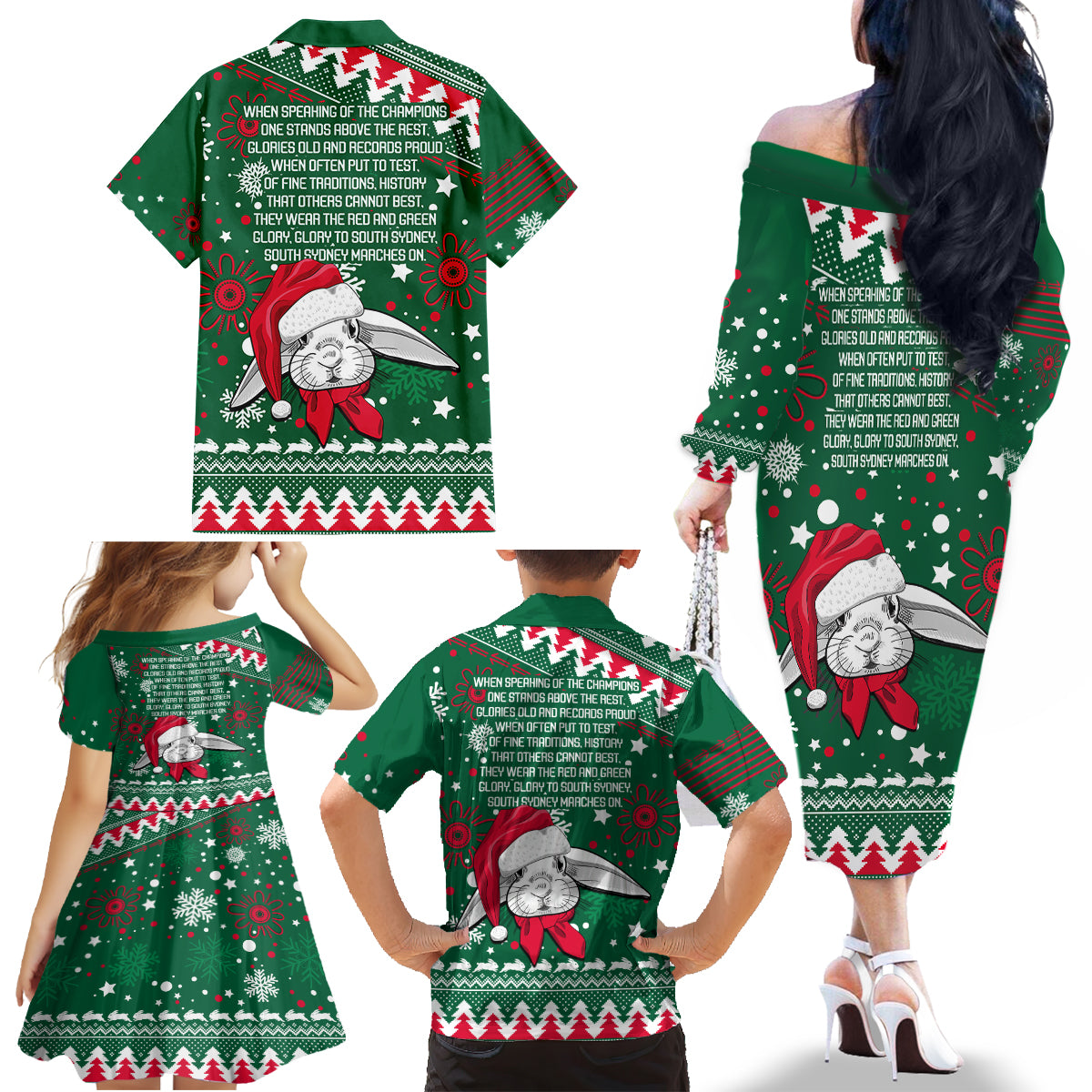 rabbitohs-rugby-family-matching-off-shoulder-long-sleeve-dress-and-hawaiian-shirt-glory-glory-the-south-2023-christmas-vibe-unique