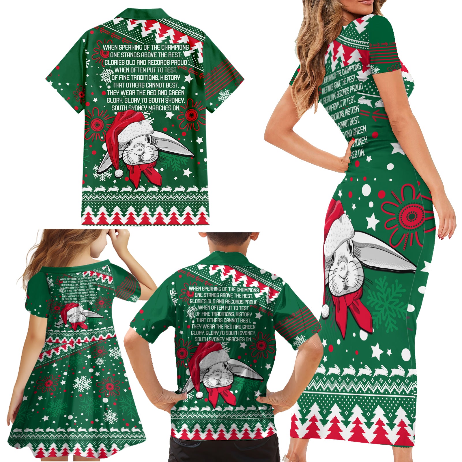 rabbitohs-rugby-family-matching-short-sleeve-bodycon-dress-and-hawaiian-shirt-glory-glory-the-south-2023-christmas-vibe-unique