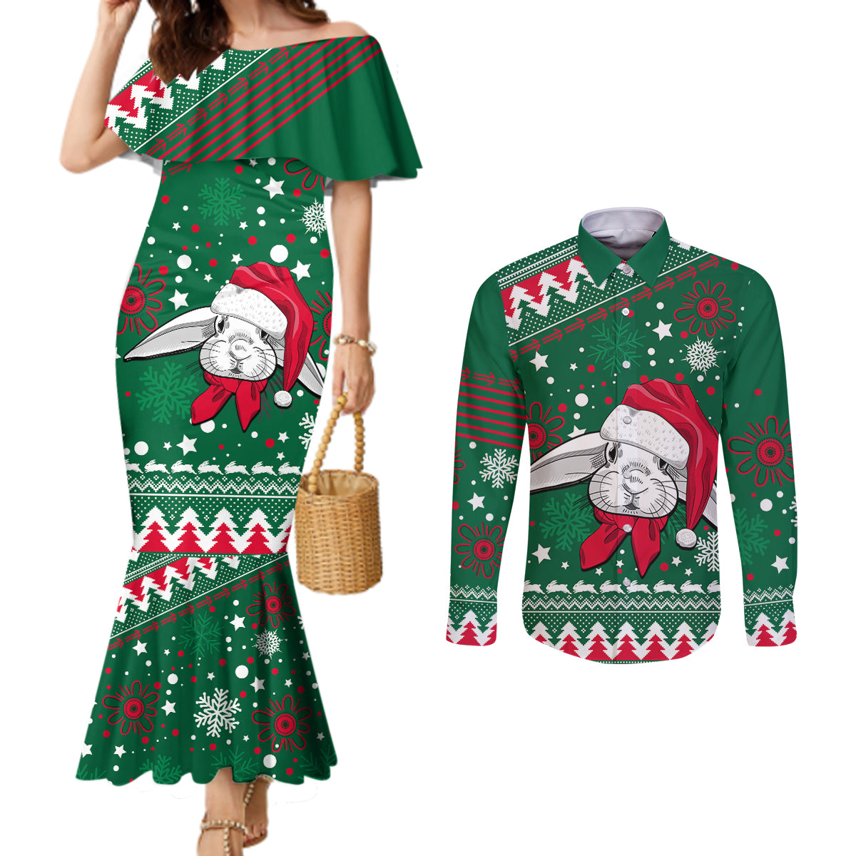custom-rabbitohs-rugby-couples-matching-mermaid-dress-and-long-sleeve-button-shirts-glory-glory-the-south-2023-christmas-vibe-unique