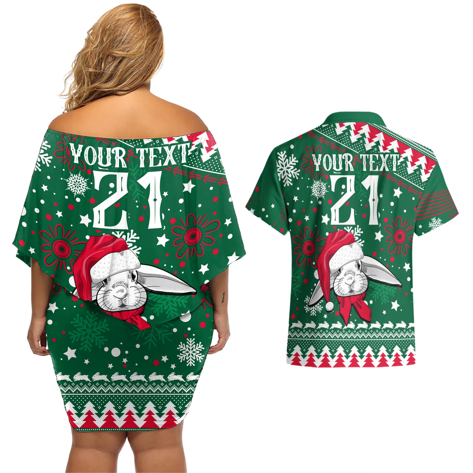 custom-rabbitohs-rugby-couples-matching-off-shoulder-short-dress-and-hawaiian-shirt-glory-glory-the-south-2023-christmas-vibe-unique