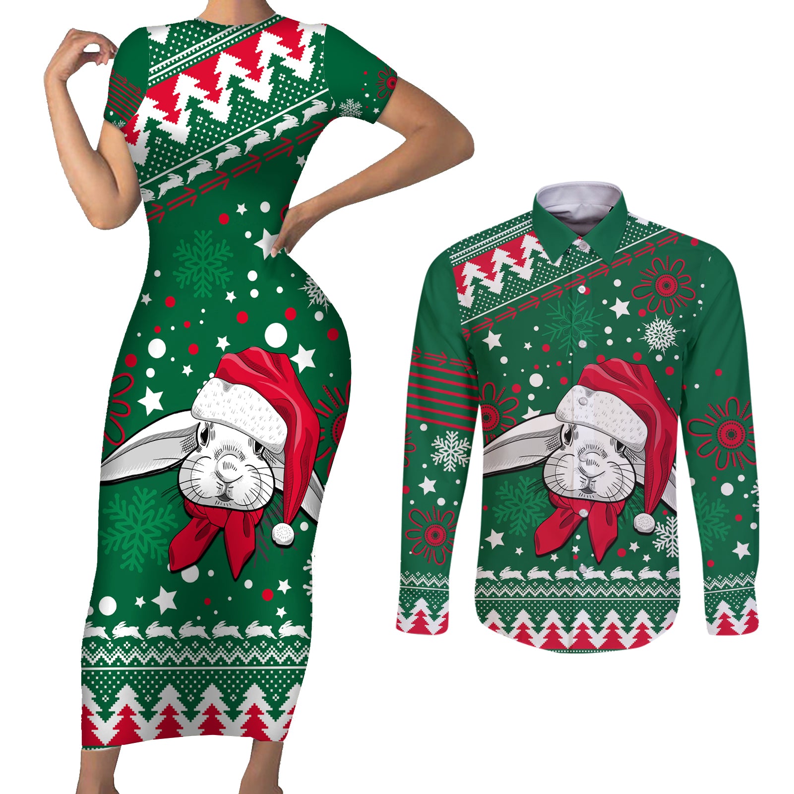 custom-rabbitohs-rugby-couples-matching-short-sleeve-bodycon-dress-and-long-sleeve-button-shirts-glory-glory-the-south-2023-christmas-vibe-unique