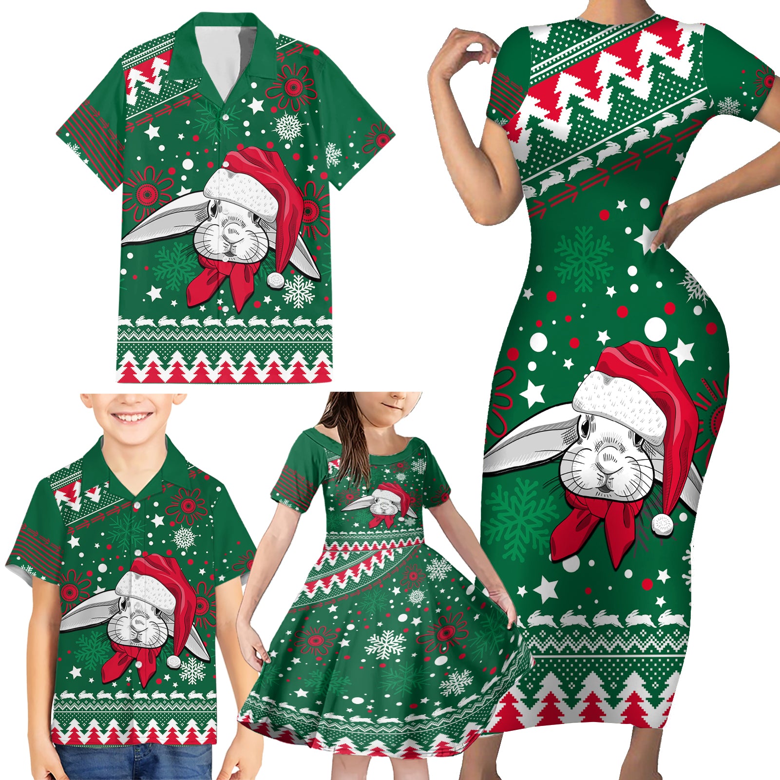 custom-rabbitohs-rugby-family-matching-short-sleeve-bodycon-dress-and-hawaiian-shirt-glory-glory-the-south-2023-christmas-vibe-unique