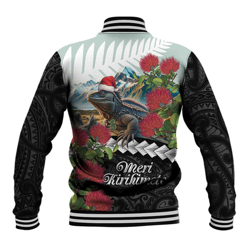 Meri Kirihimete Tuatara Baseball Jacket New Zealand Fern with Puhutukawa Flowers