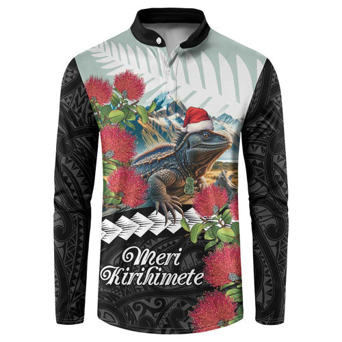 Meri Kirihimete Tuatara Button Sweatshirt New Zealand Fern with Puhutukawa Flowers