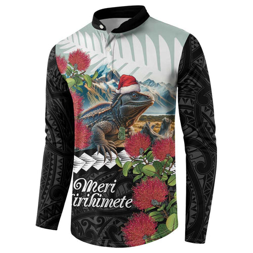 Meri Kirihimete Tuatara Button Sweatshirt New Zealand Fern with Puhutukawa Flowers
