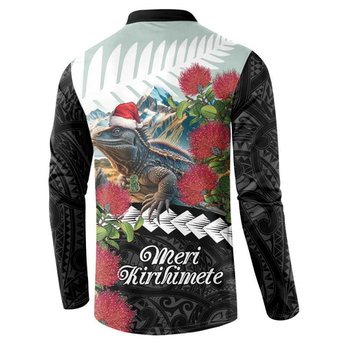 Meri Kirihimete Tuatara Button Sweatshirt New Zealand Fern with Puhutukawa Flowers