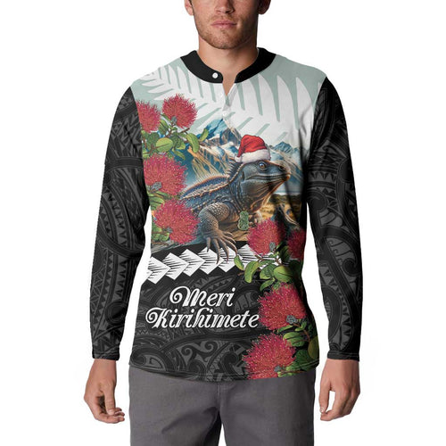 Meri Kirihimete Tuatara Button Sweatshirt New Zealand Fern with Puhutukawa Flowers
