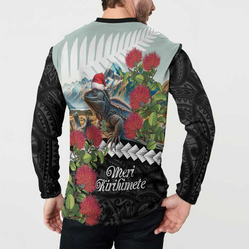 Meri Kirihimete Tuatara Button Sweatshirt New Zealand Fern with Puhutukawa Flowers