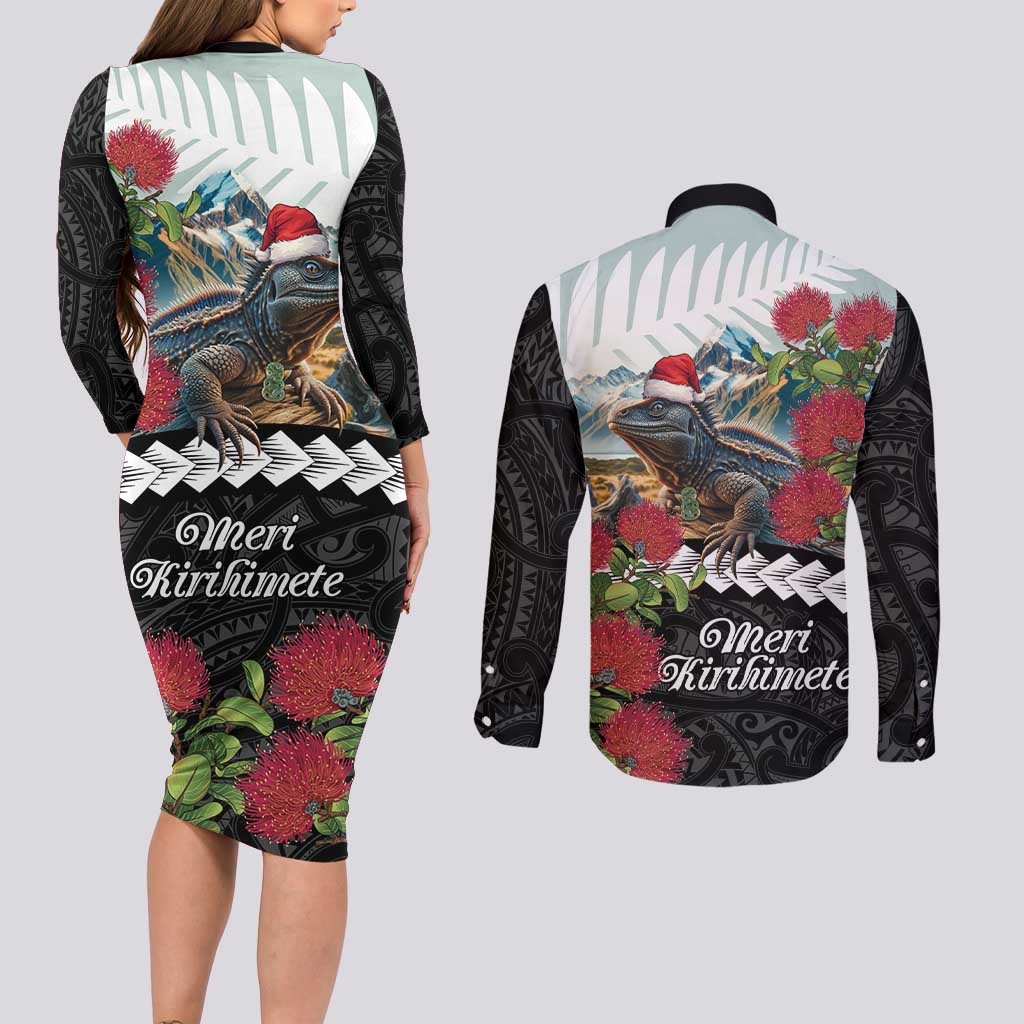 Meri Kirihimete Tuatara Couples Matching Long Sleeve Bodycon Dress and Long Sleeve Button Shirt New Zealand Fern with Puhutukawa Flowers