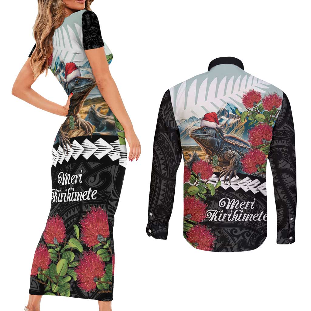 Meri Kirihimete Tuatara Couples Matching Short Sleeve Bodycon Dress and Long Sleeve Button Shirt New Zealand Fern with Puhutukawa Flowers