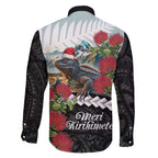 Meri Kirihimete Tuatara Family Matching Off The Shoulder Long Sleeve Dress and Hawaiian Shirt New Zealand Fern with Puhutukawa Flowers