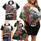 Meri Kirihimete Tuatara Family Matching Off Shoulder Short Dress and Hawaiian Shirt New Zealand Fern with Puhutukawa Flowers