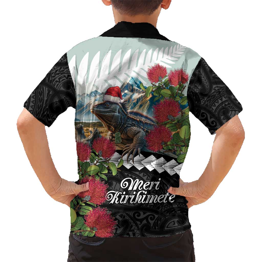 Meri Kirihimete Tuatara Kid Hawaiian Shirt New Zealand Fern with Puhutukawa Flowers