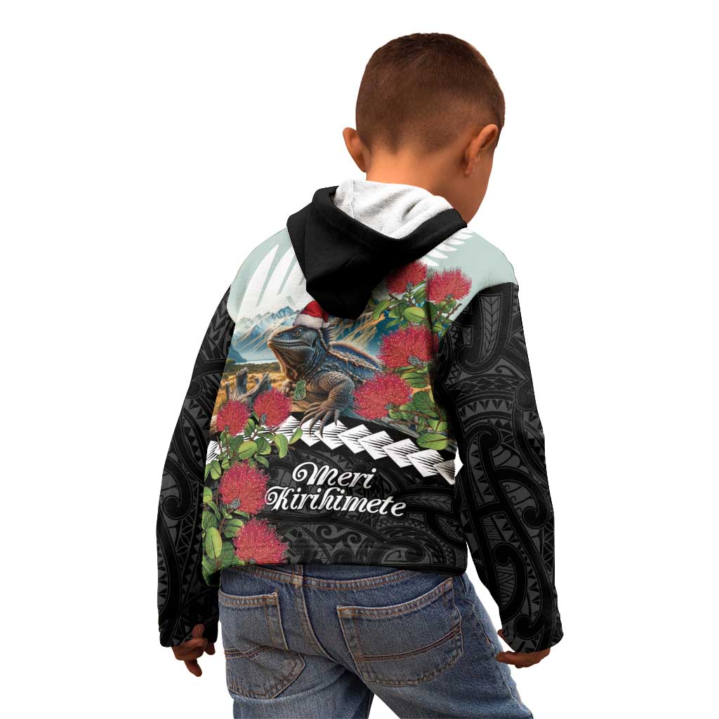 Meri Kirihimete Tuatara Kid Hoodie New Zealand Fern with Puhutukawa Flowers