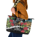 Meri Kirihimete Tuatara Leather Tote Bag New Zealand Fern with Puhutukawa Flowers