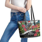 Meri Kirihimete Tuatara Leather Tote Bag New Zealand Fern with Puhutukawa Flowers