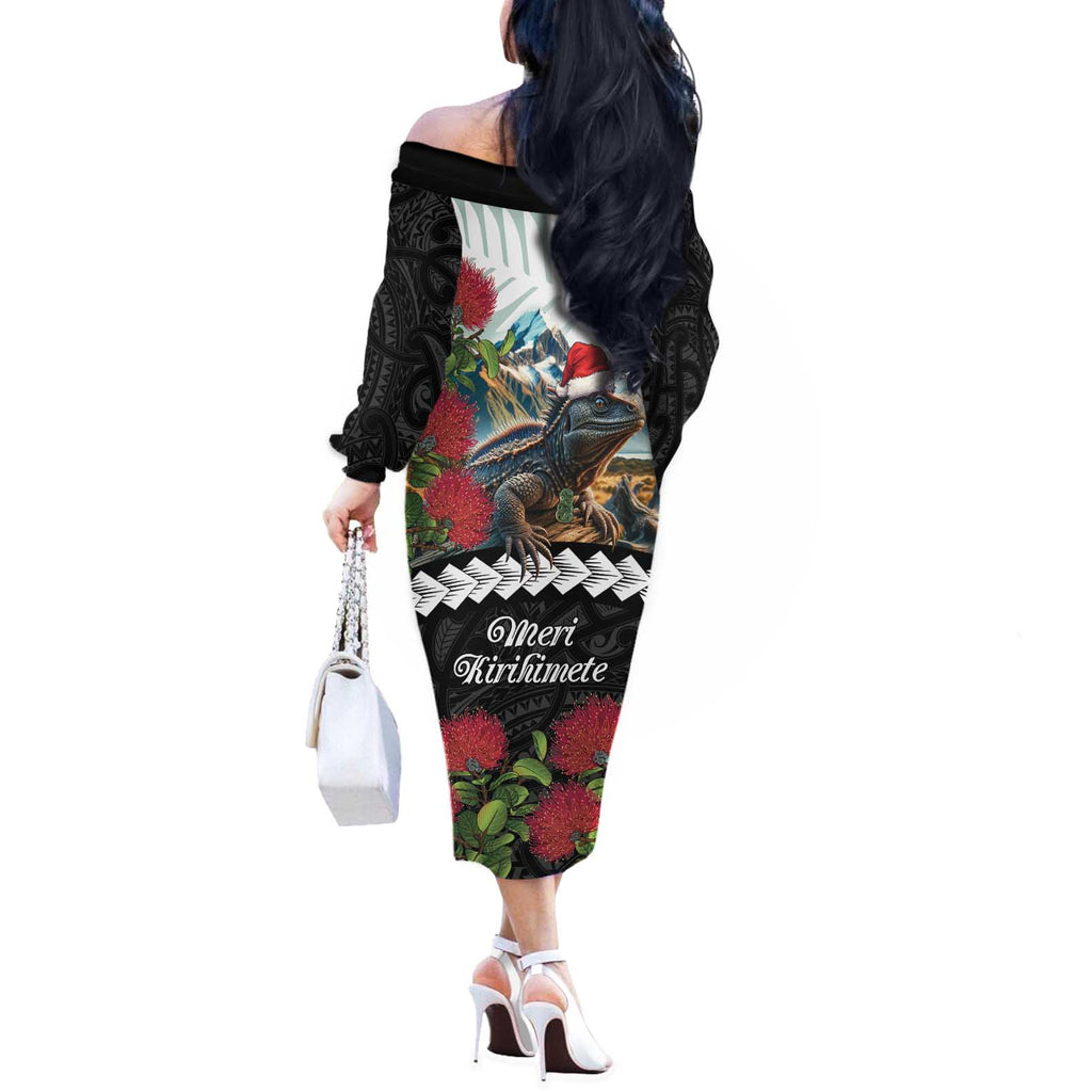 Meri Kirihimete Tuatara Off The Shoulder Long Sleeve Dress New Zealand Fern with Puhutukawa Flowers