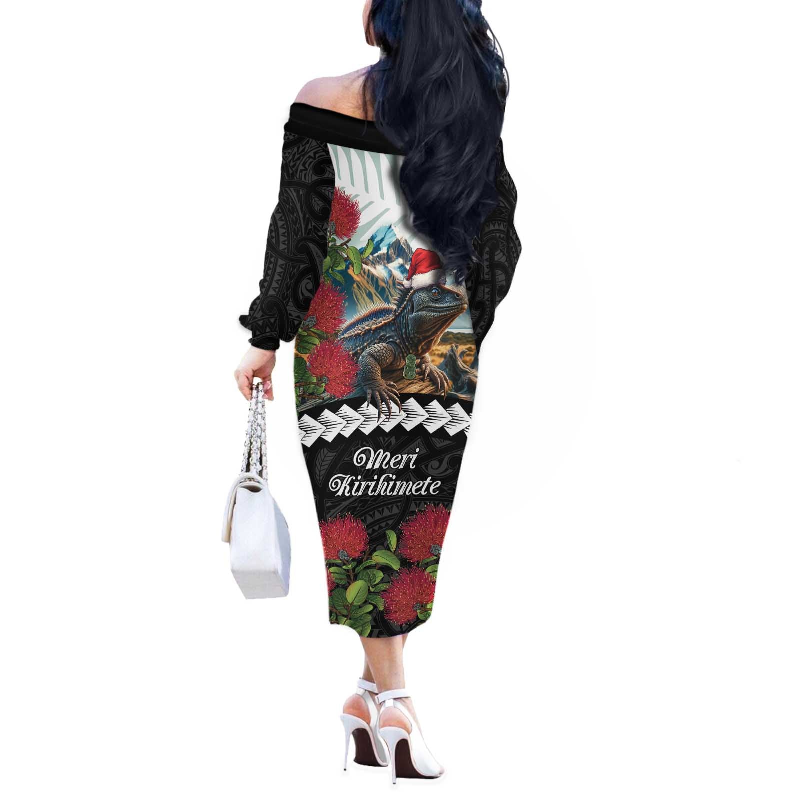Meri Kirihimete Tuatara Off The Shoulder Long Sleeve Dress New Zealand Fern with Puhutukawa Flowers