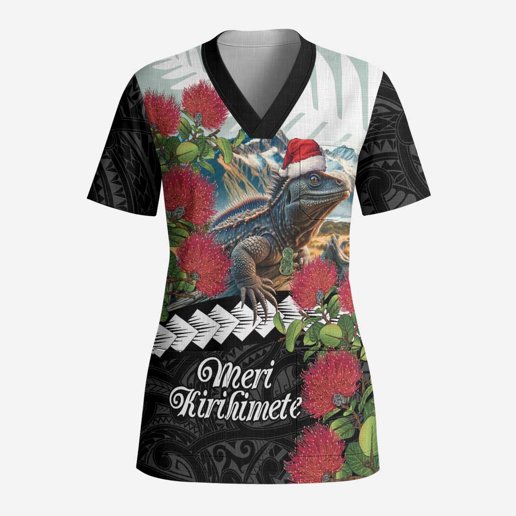 Meri Kirihimete Tuatara Scrub Top New Zealand Fern with Puhutukawa Flowers - Aussie Hoodie
