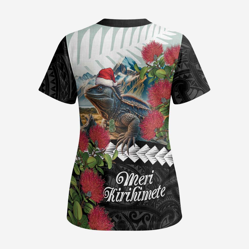 Meri Kirihimete Tuatara Scrub Top New Zealand Fern with Puhutukawa Flowers - Aussie Hoodie